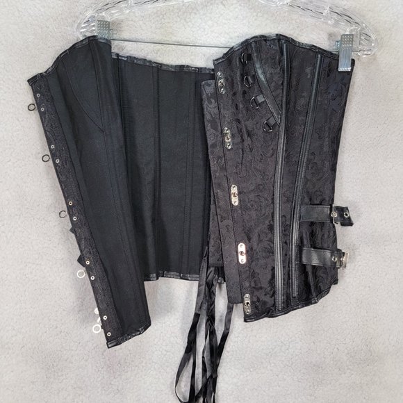 Black Floral Satin Gothic Strapless Steampunk Buckle Lace Up Sexy Bustier Corset - Picture 7 of 15